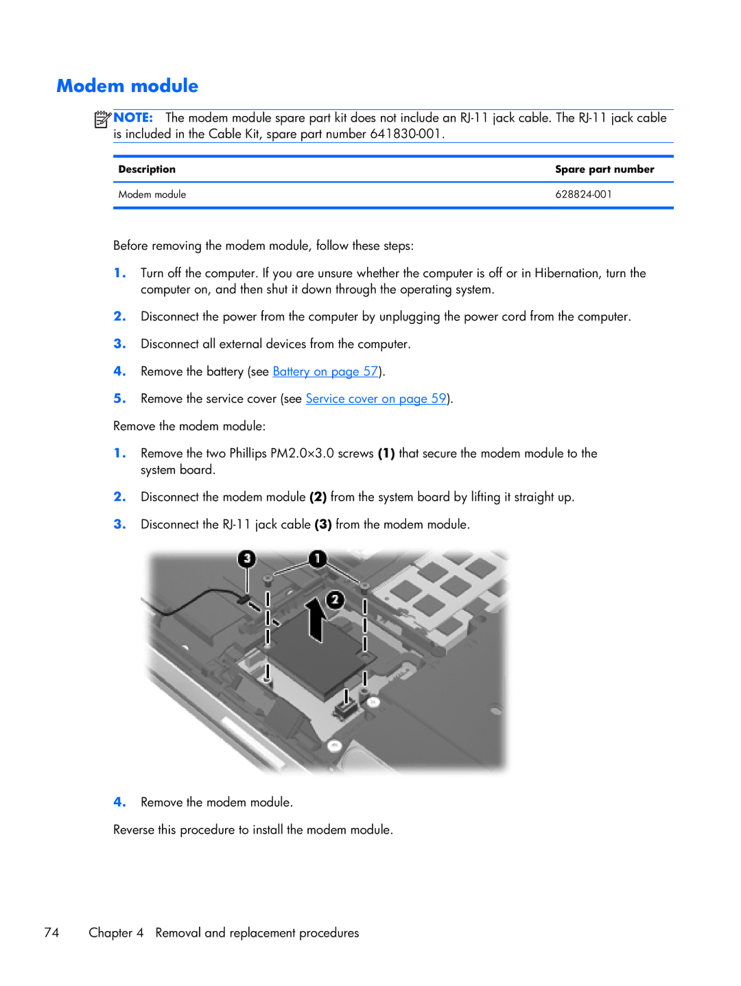 HP 14 C7A68UT#ABA, 8470w C7A68UTABA manual Description Spare part number Modem module 628824-001 