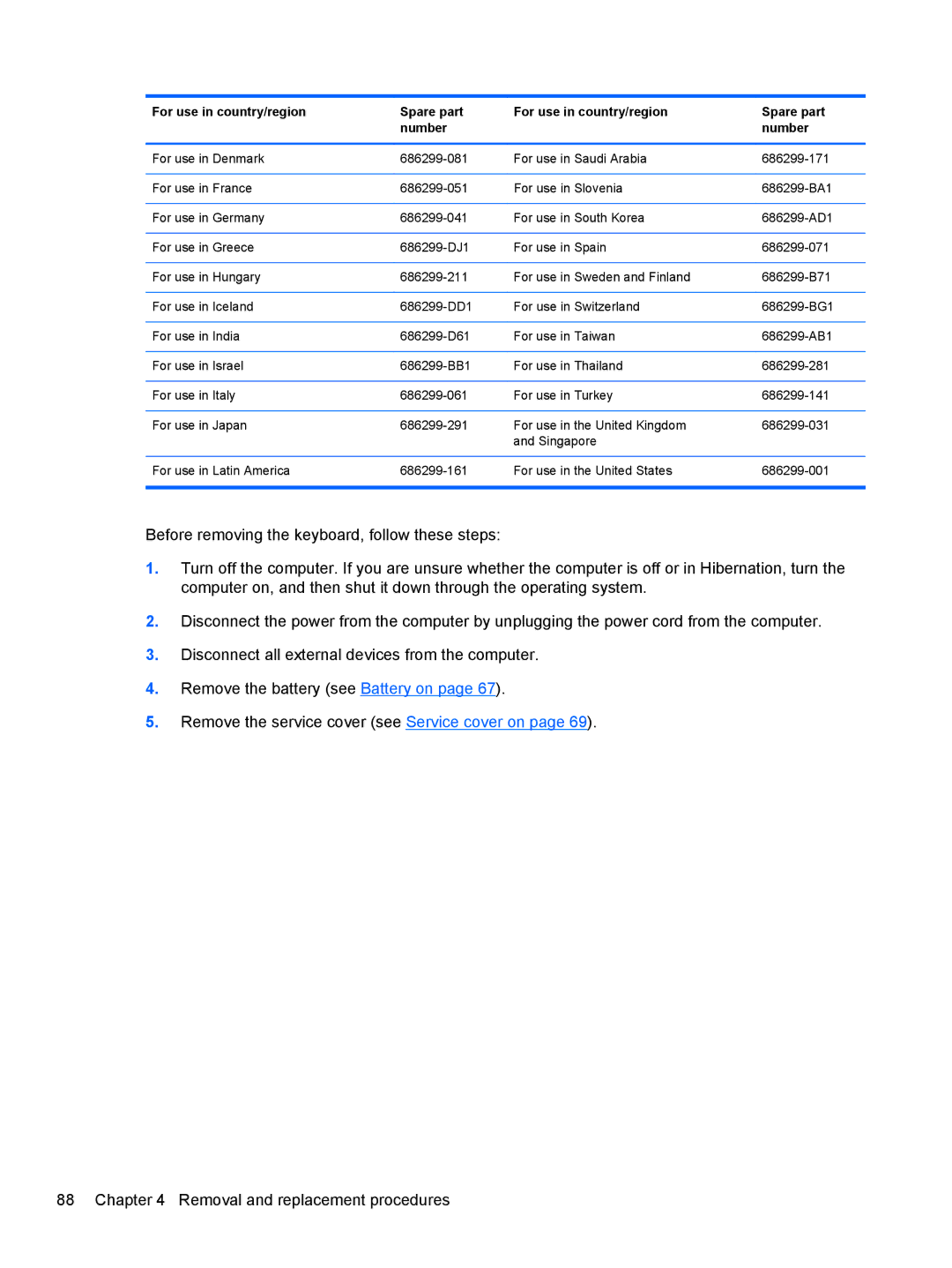 HP 8470w C7A68UT, 8470p C7A68UT manual For use in country/region Spare part Number 