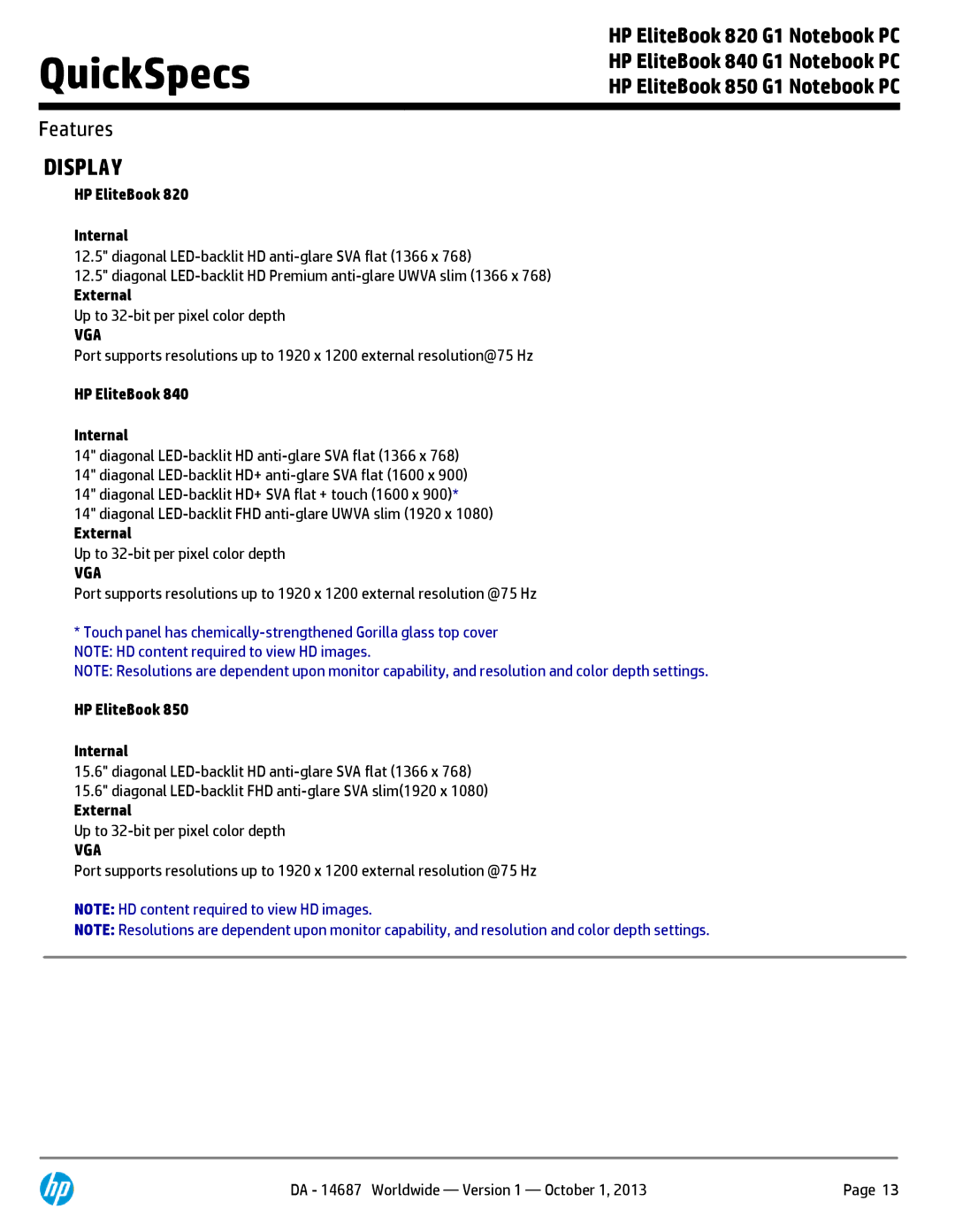 HP 850 G1 F2Q24UTABA manual Display, HP EliteBook Internal, External, Vga 