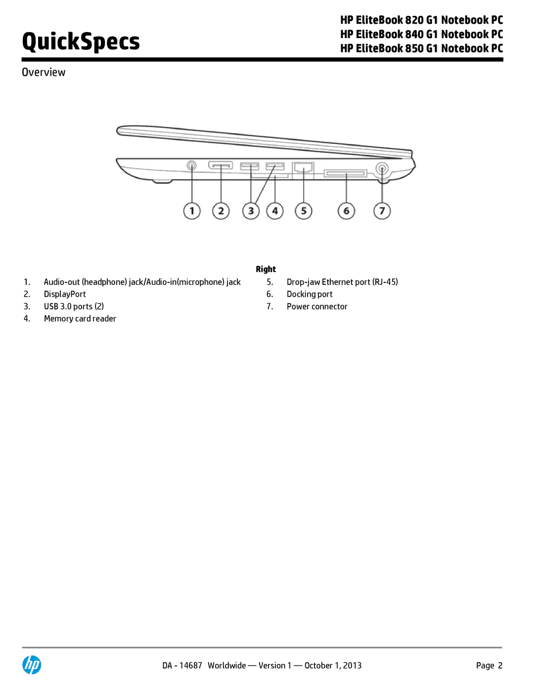 HP 850 G1 F2Q24UTABA manual Right 