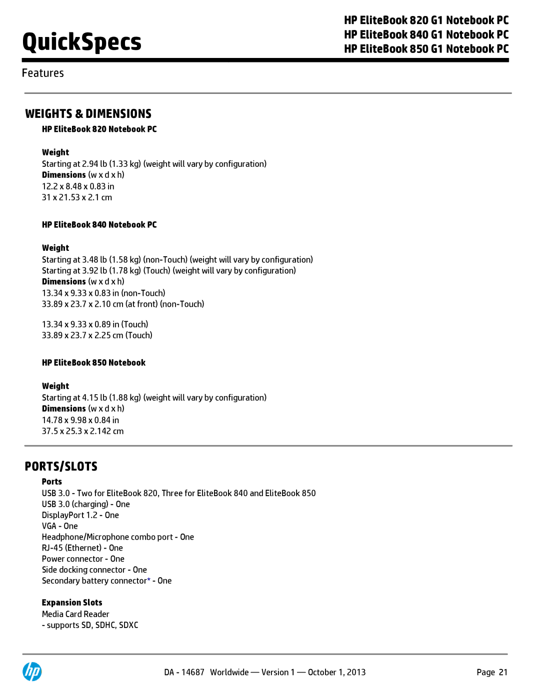 HP 850 G1 F2Q24UTABA manual Weights & Dimensions, Ports/Slots 