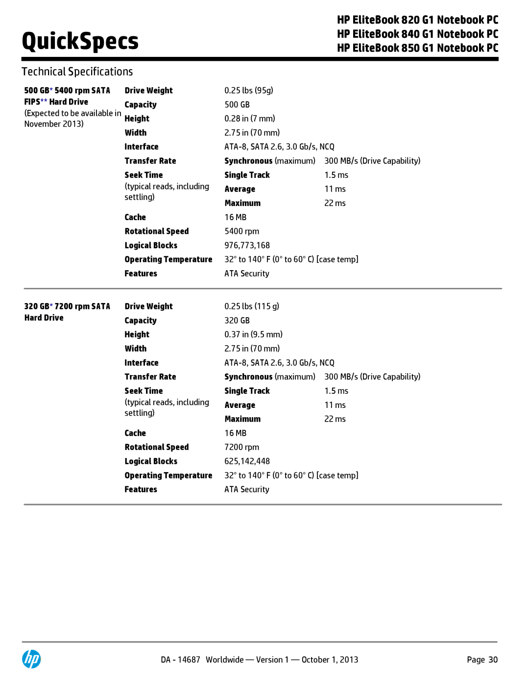 HP 850 G1 F2Q24UTABA Seek Time Single Track, Cache, Features, 320 GB* 7200 rpm Sata Drive Weight, Hard Drive Capacity 