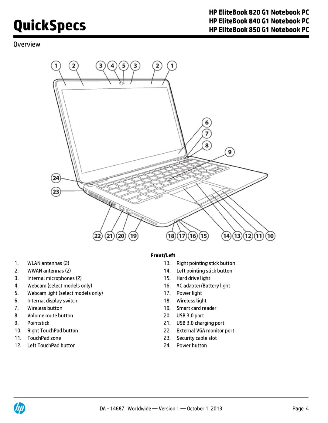 HP 850 G1 F2Q24UTABA manual Front/Left 