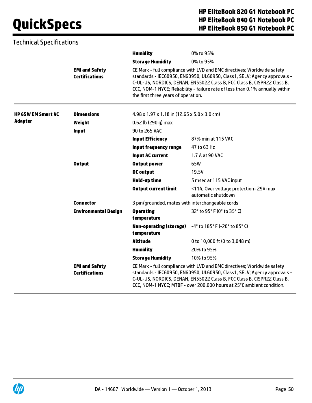 HP 850 G1 F2Q24UTABA manual Humidity To 95% Storage Humidity EMI and Safety, First three years of operation 