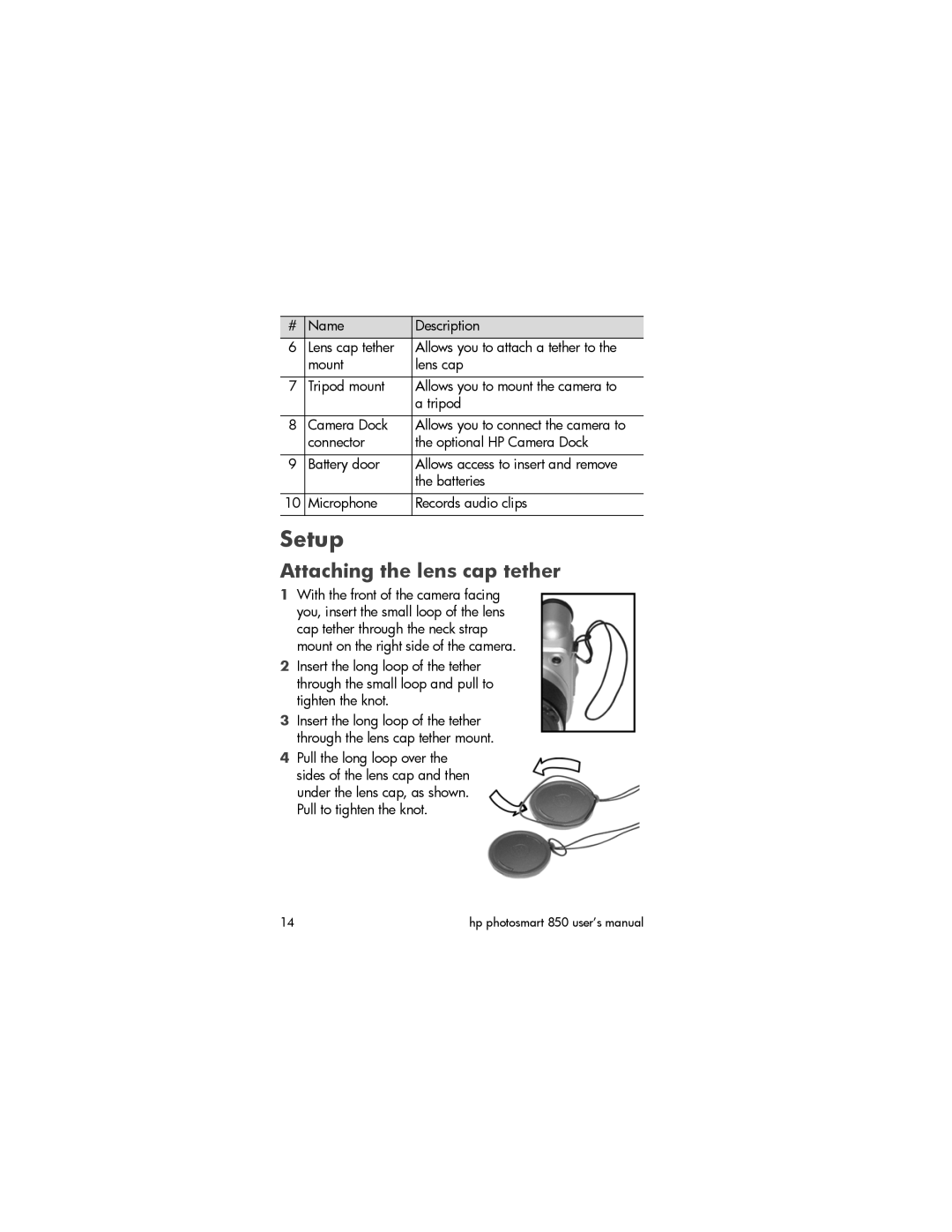 HP 850 manual Setup, Attaching the lens cap tether 