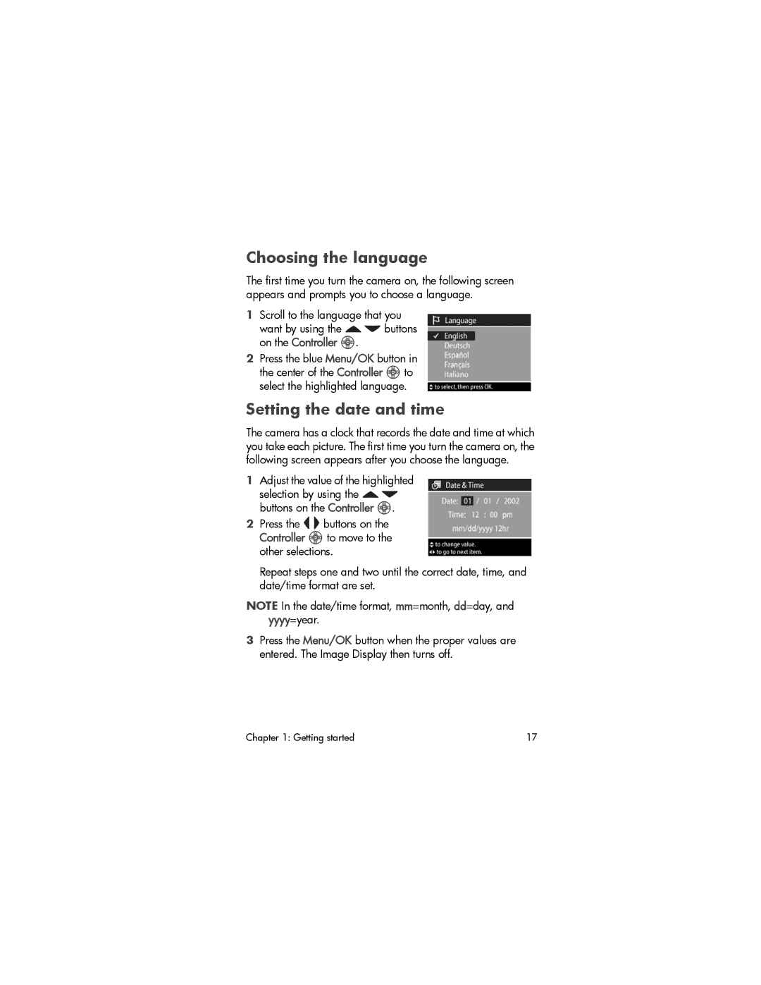 HP 850 manual Choosing the language, Setting the date and time 