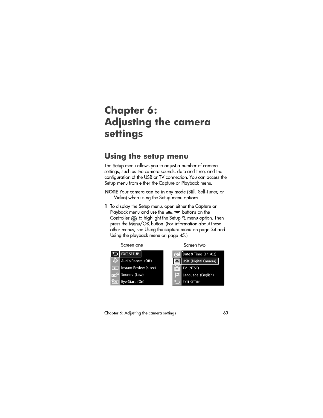 HP 850 Chapter Adjusting the camera settings, Using the setup menu, To display the Setup menu, open either the Capture or 