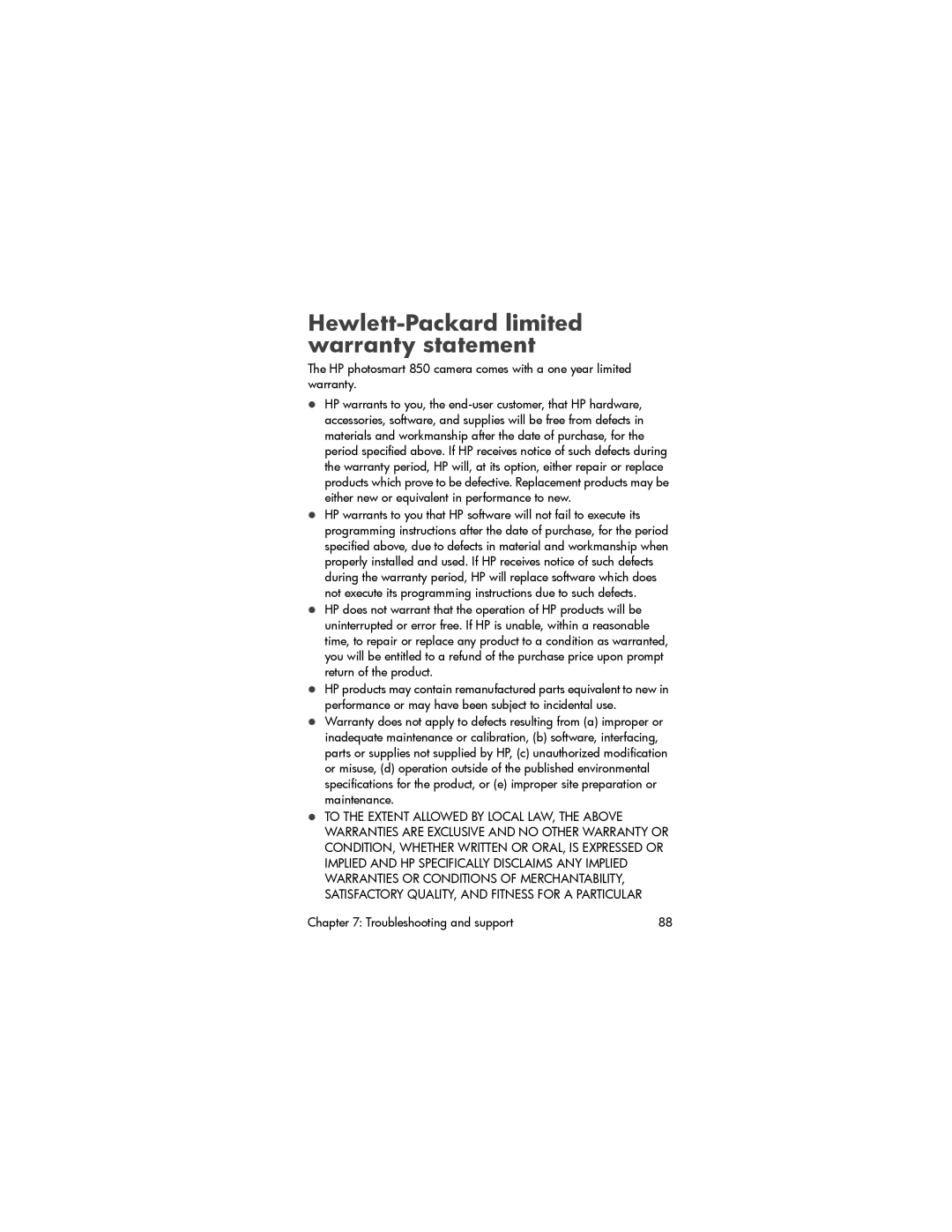 HP 850 manual Hewlett-Packard limited warranty statement 