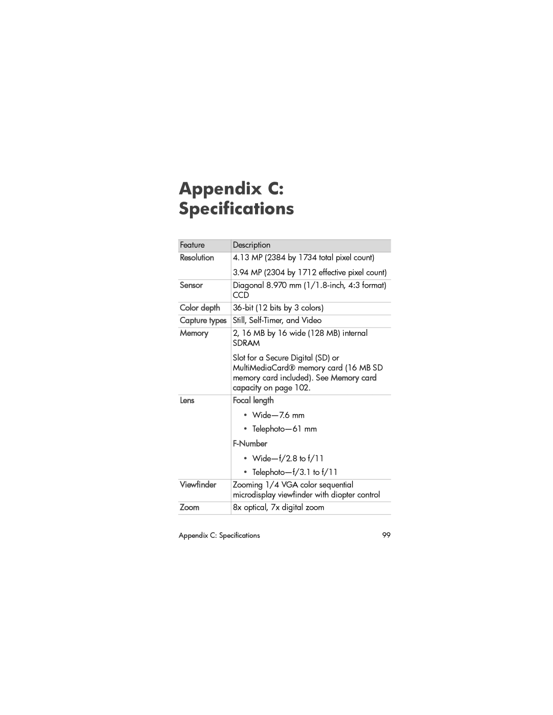 HP 850 manual Appendix C Specifications 