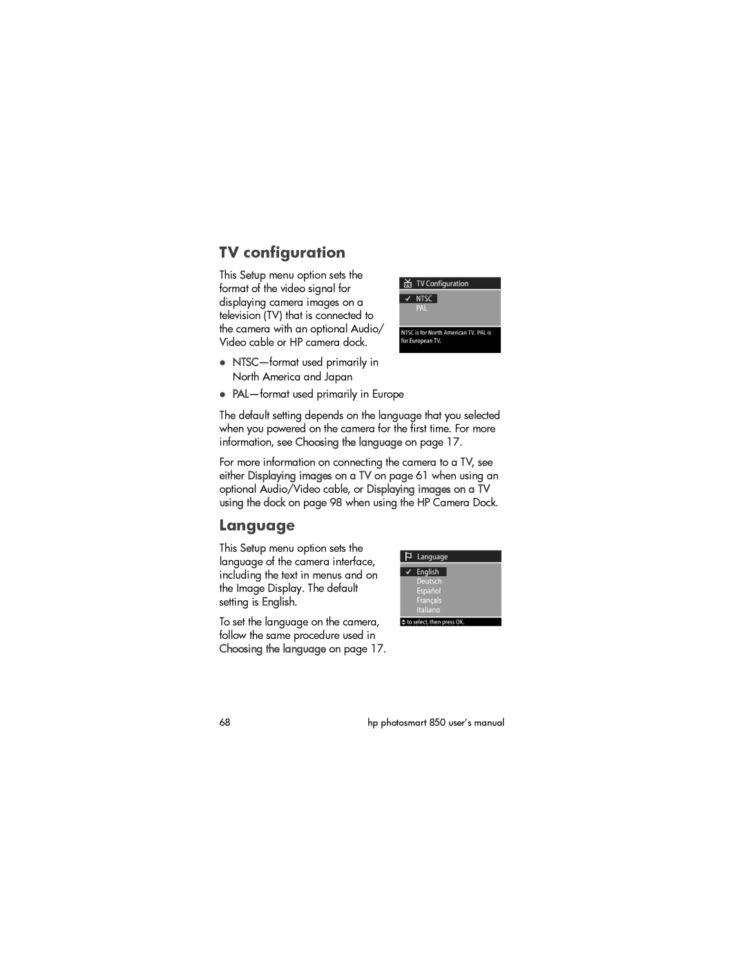 HP 850 manual TV configuration, Language 