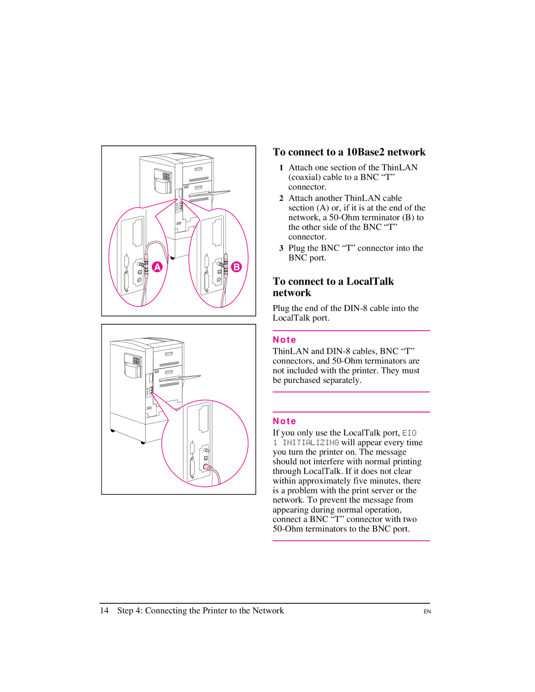 HP 8500 DN, 8500 N, Pro 8500 manual To connect to a 10Base2 network, To connect to a LocalTalk network 