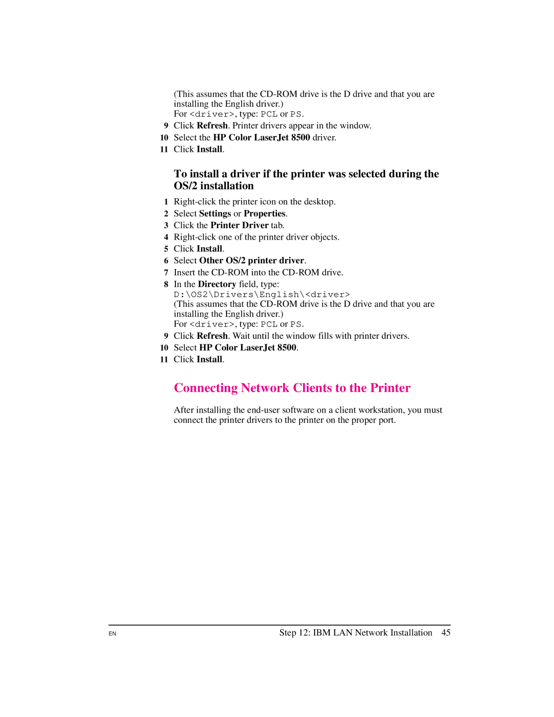 HP 8500 N, 8500 DN, Pro 8500 manual Connecting Network Clients to the Printer, Select Other OS/2 printer driver 