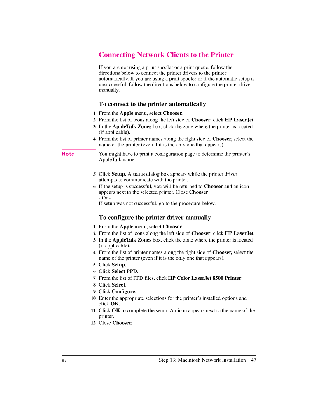 HP 8500 DN, 8500 N, Pro 8500 To connect to the printer automatically, To configure the printer driver manually 