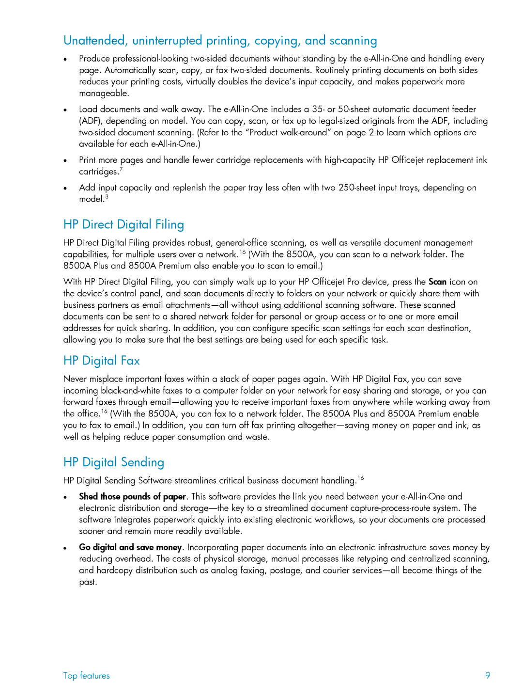 HP 8500A manual Unattended, uninterrupted printing, copying, and scanning, HP Direct Digital Filing, HP Digital Fax 