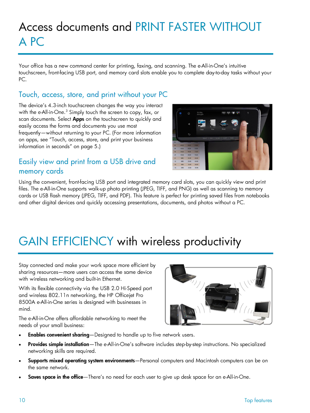 HP 8500A manual Access documents and Print Faster Without a PC, Gain Efficiency with wireless productivity 