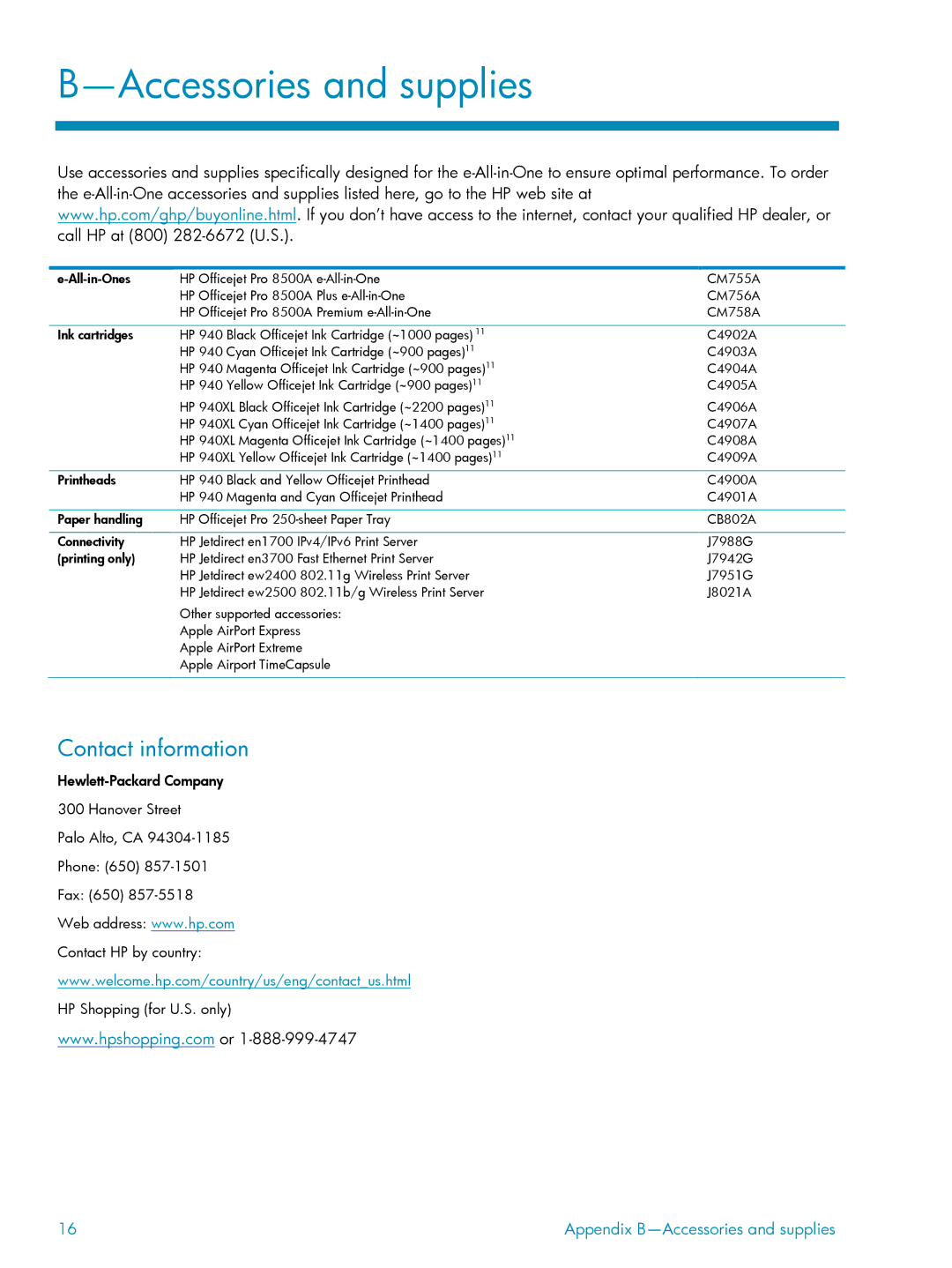 HP 8500A manual Accessories and supplies, Contact information 