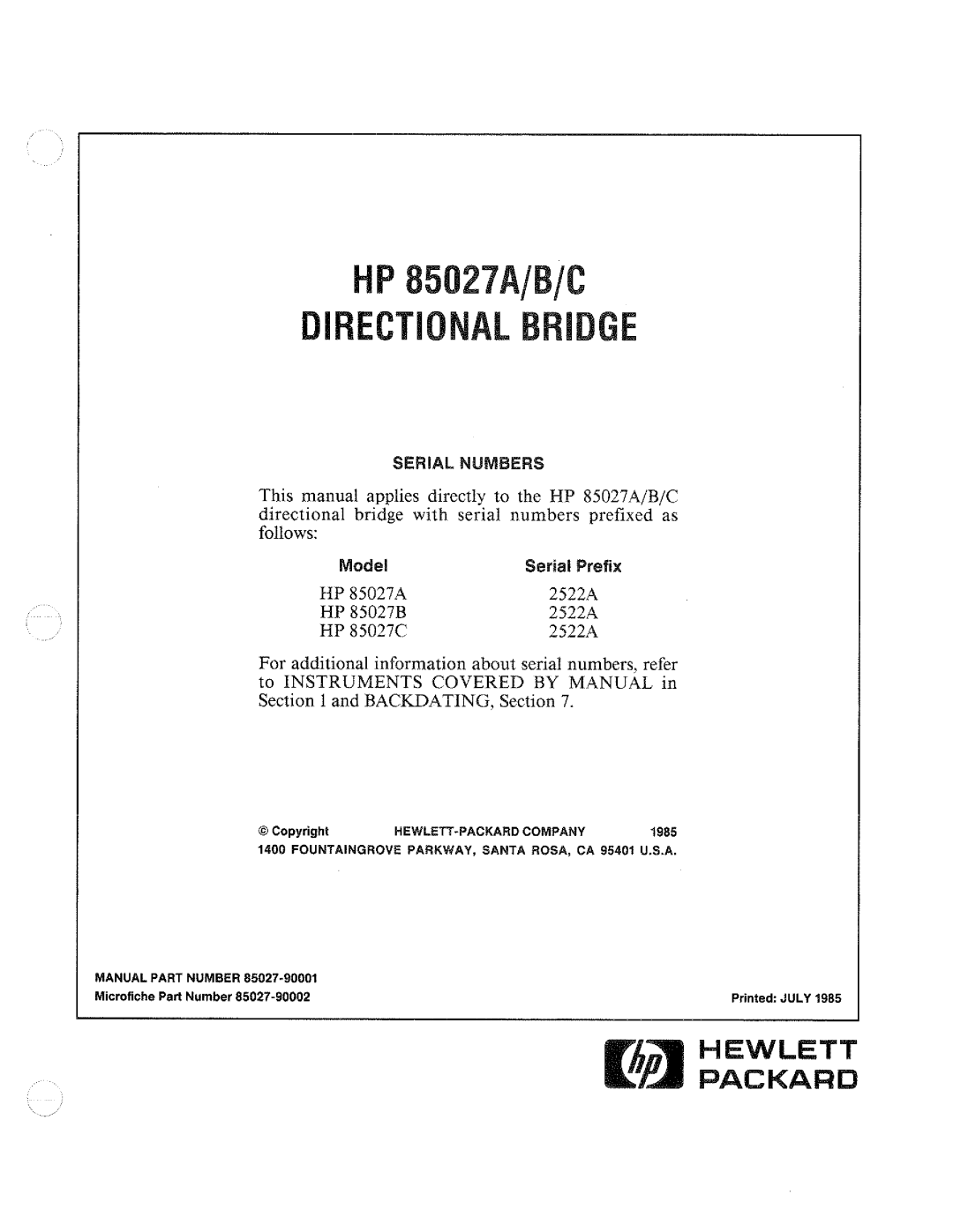 HP B, 85027 A manual 