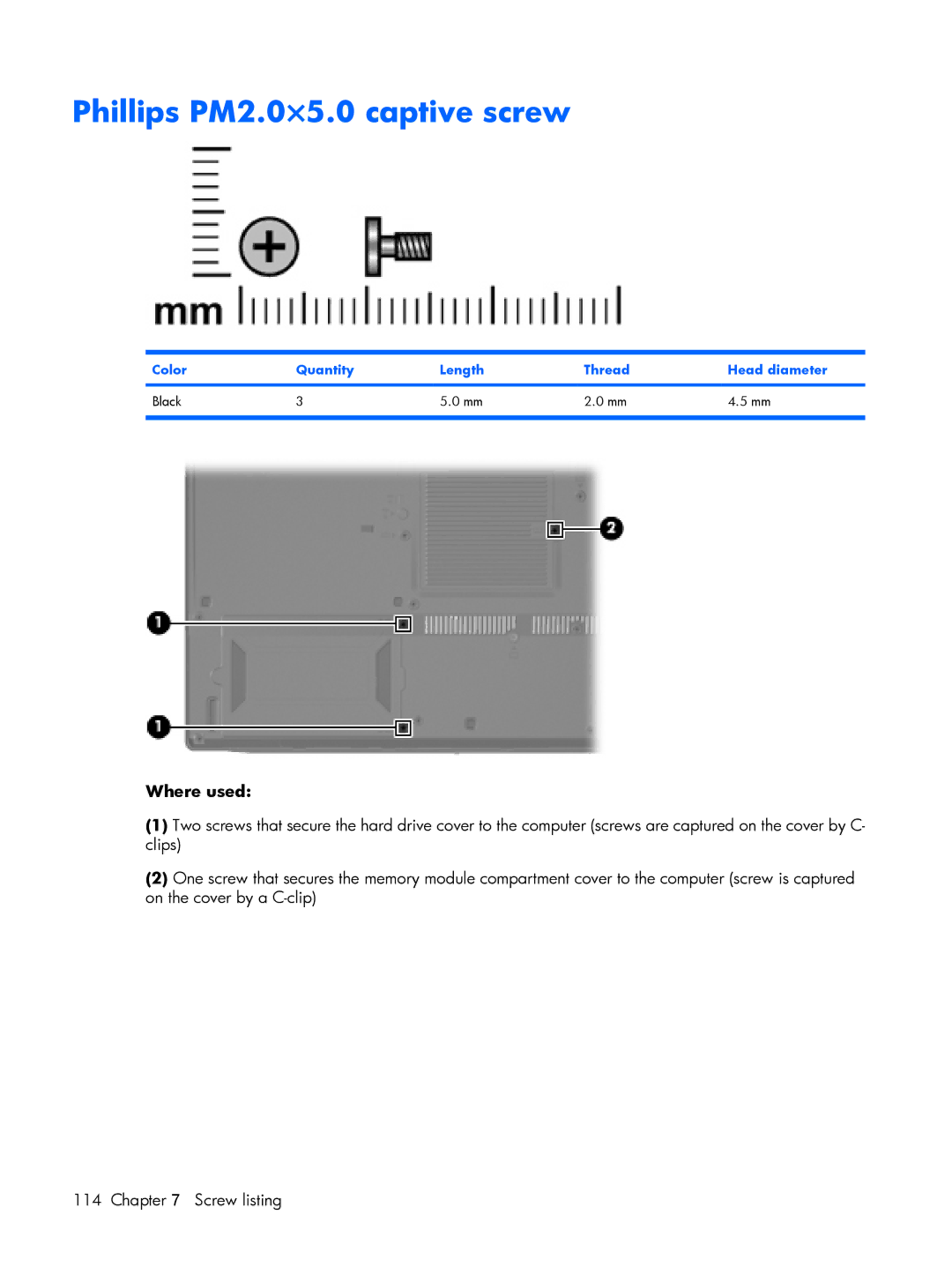 HP 8510p manual Phillips PM2.0×5.0 captive screw, Color Quantity Length Thread Head diameter Black 