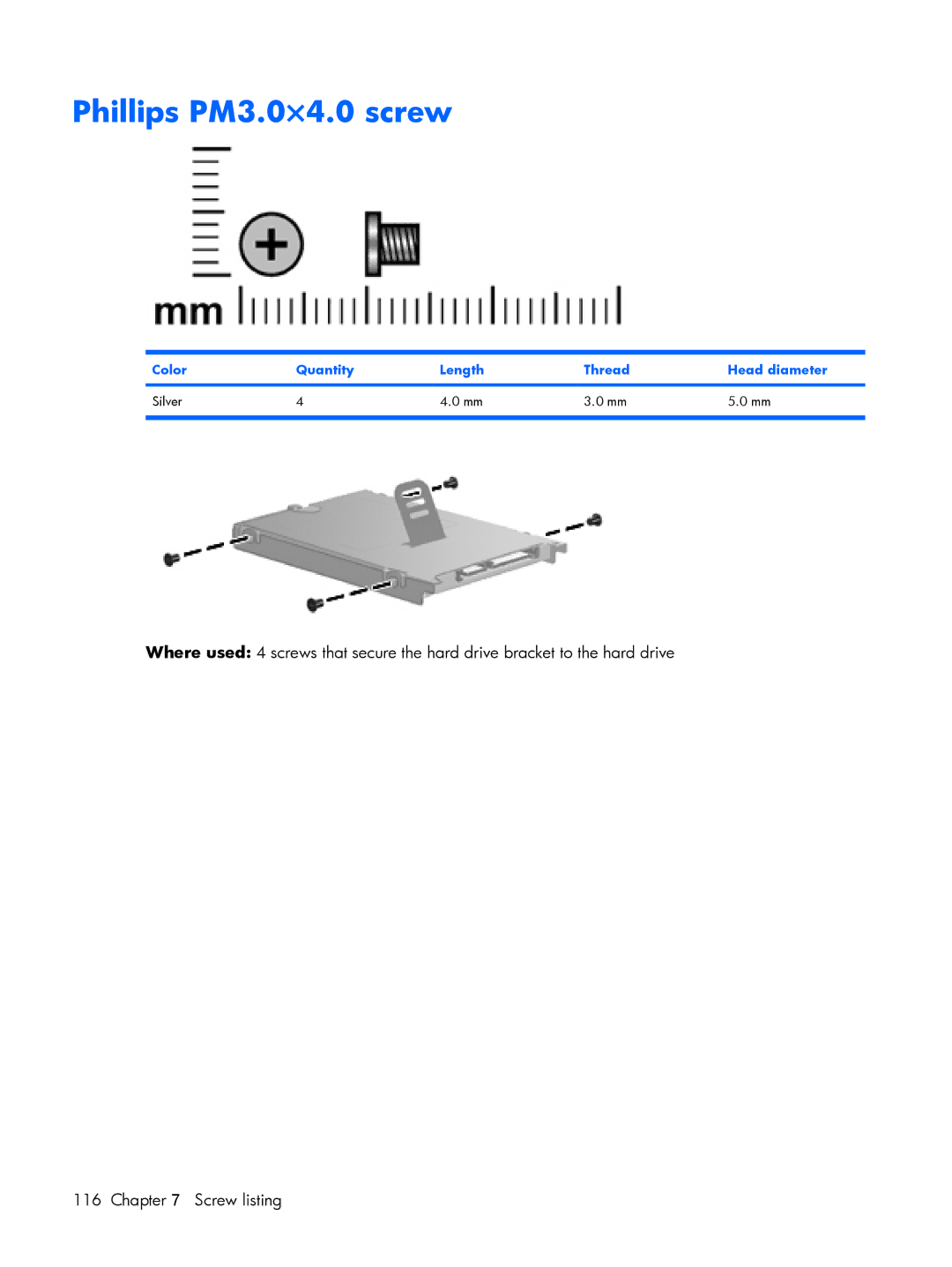 HP 8510p manual Phillips PM3.0×4.0 screw, Color Quantity Length Thread Head diameter Silver 