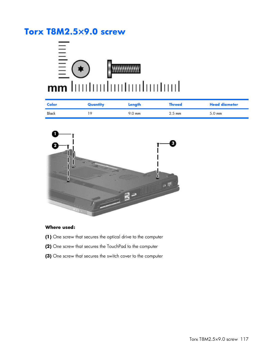 HP 8510p manual Torx T8M2.5×9.0 screw, Color Quantity Length Thread Head diameter Black 