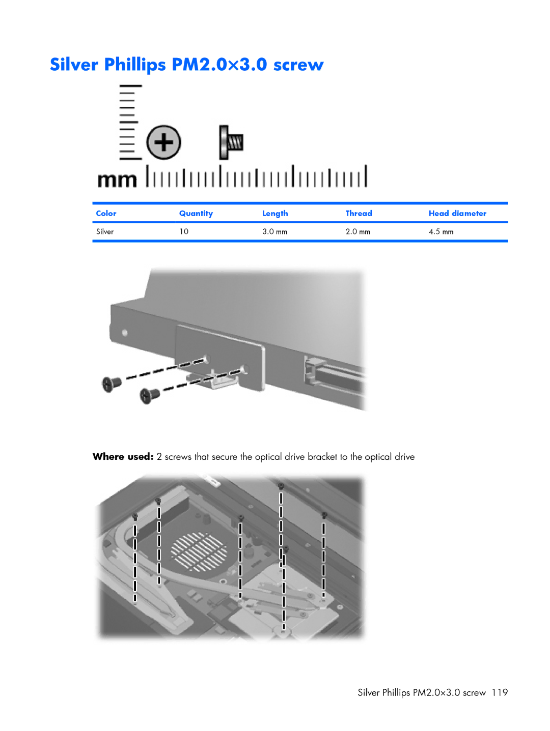 HP 8510p manual Silver Phillips PM2.0×3.0 screw, Color Quantity Length Thread Head diameter Silver 