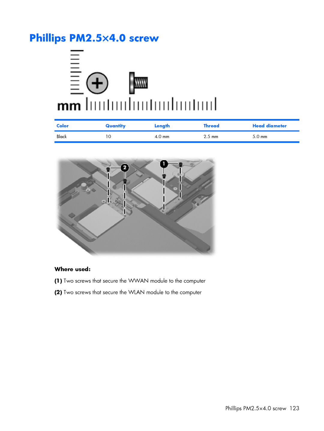 HP 8510p manual Phillips PM2.5×4.0 screw 