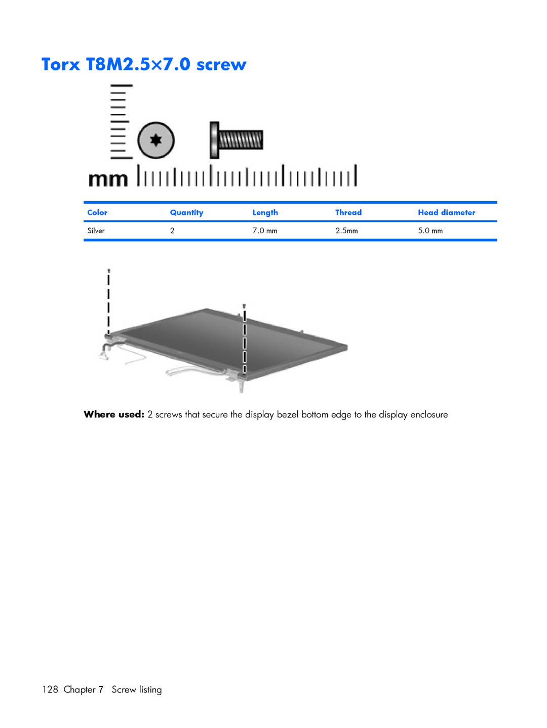 HP 8510p manual Torx T8M2.5×7.0 screw, Color Quantity Length Thread Head diameter Silver 5mm 