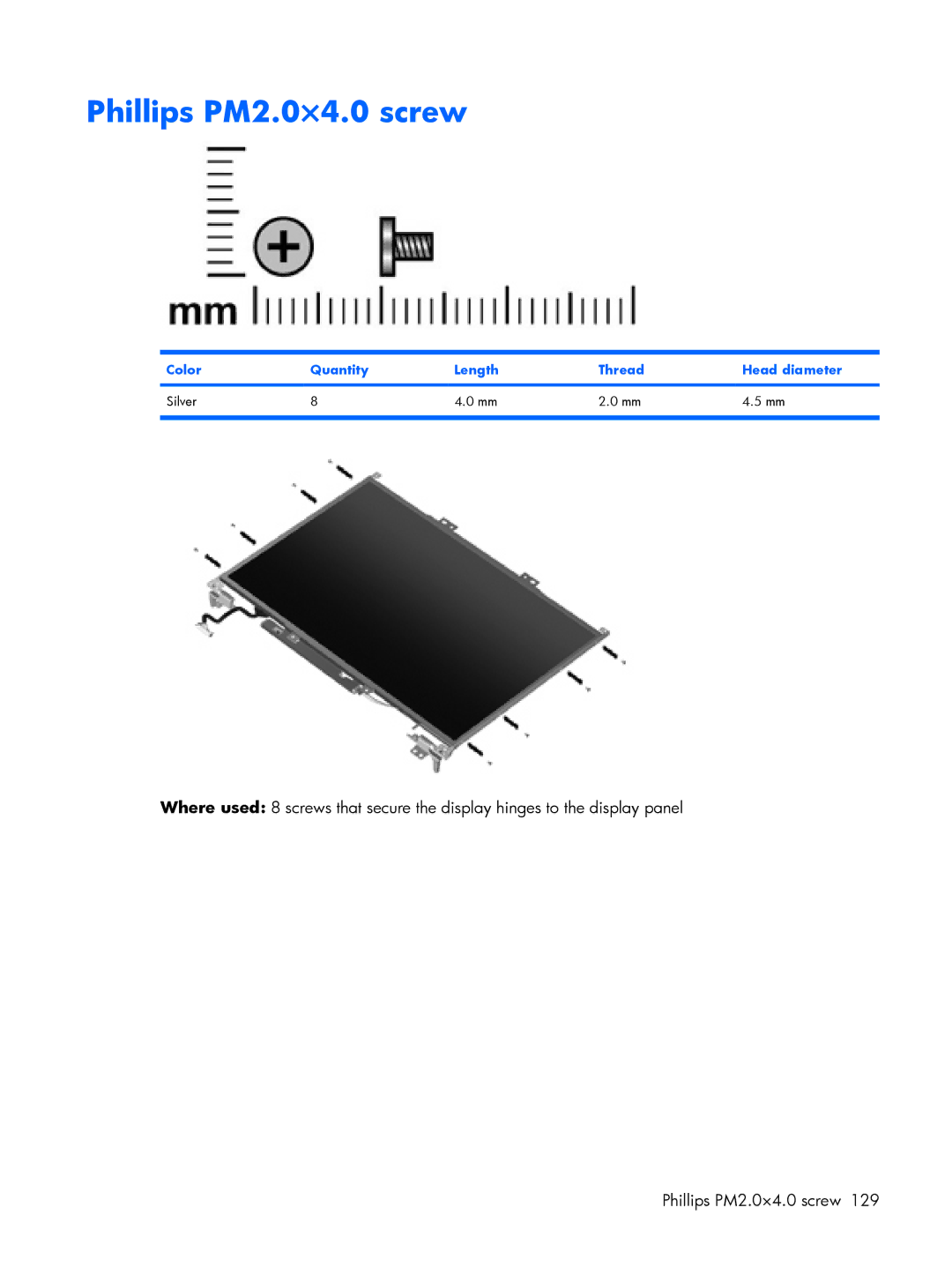 HP 8510p manual Phillips PM2.0×4.0 screw, Color Quantity Length Thread Head diameter Silver 