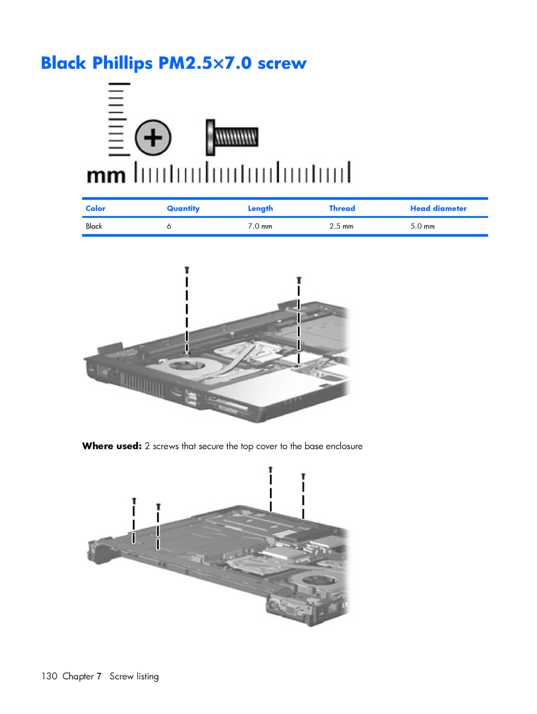 HP 8510p manual Black Phillips PM2.5×7.0 screw, Color Quantity Length Thread Head diameter Black 