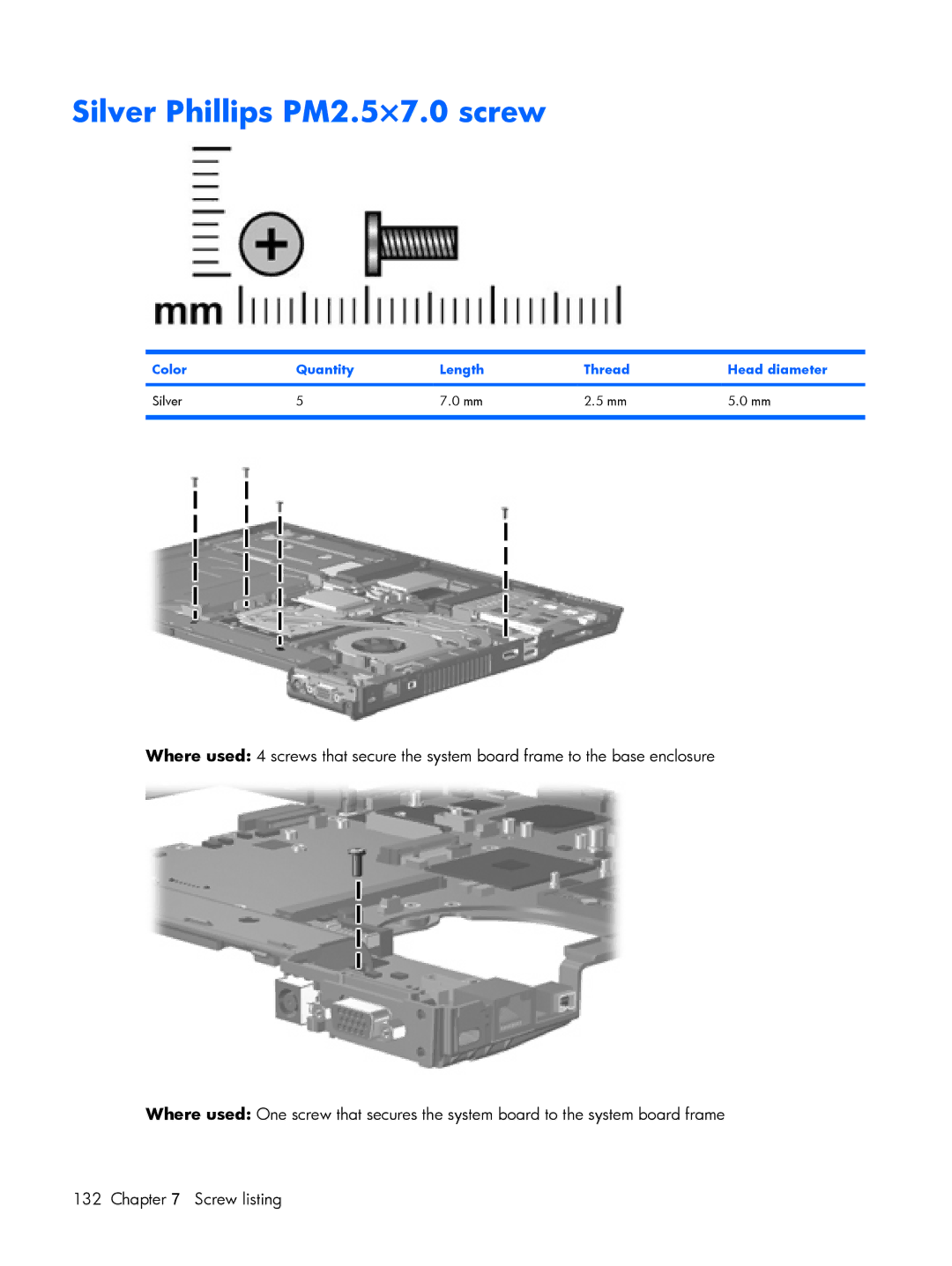 HP 8510p manual Silver Phillips PM2.5×7.0 screw 