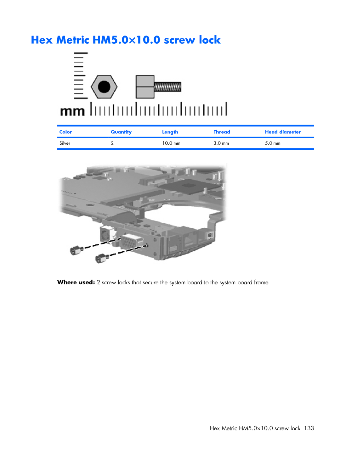 HP 8510p manual Hex Metric HM5.0×10.0 screw lock, Color Quantity Length Thread Head diameter Silver 10.0 mm 