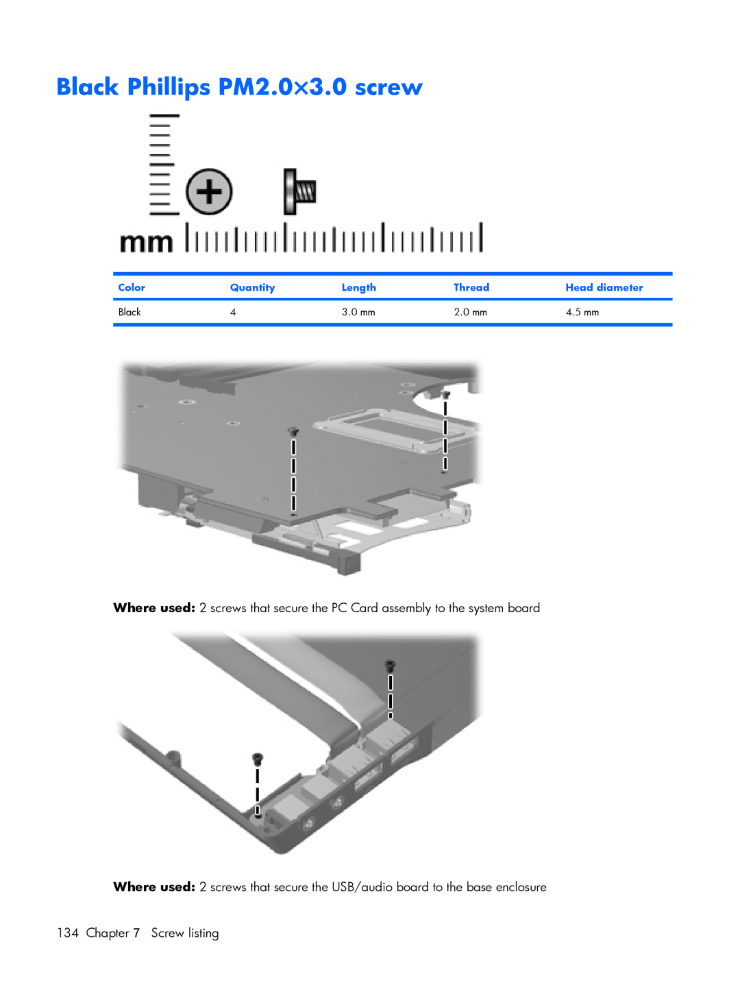 HP 8510p manual Black Phillips PM2.0×3.0 screw, Color Quantity Length Thread Head diameter Black 