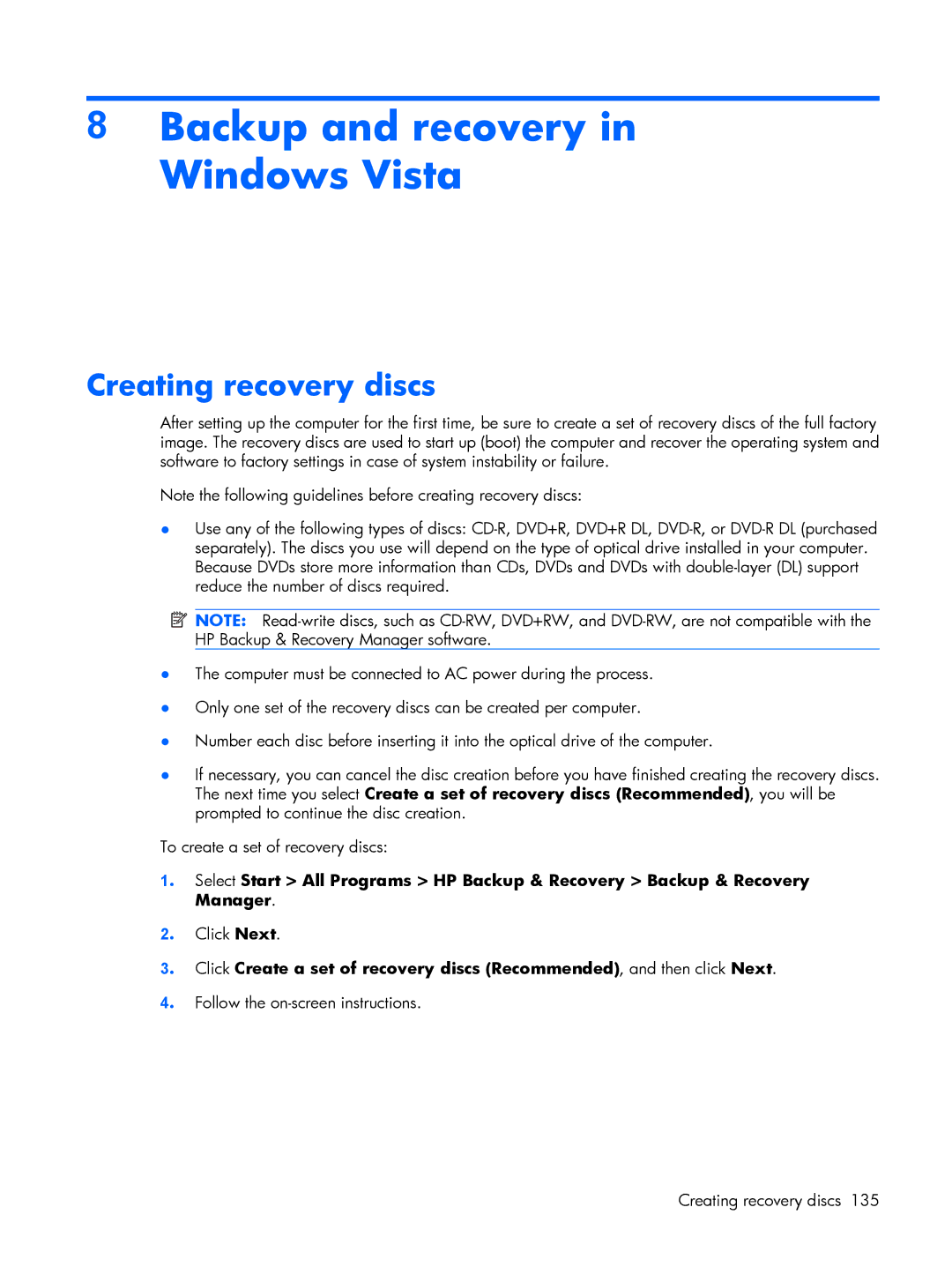 HP 8510p manual Backup and recovery in Windows Vista, Creating recovery discs 