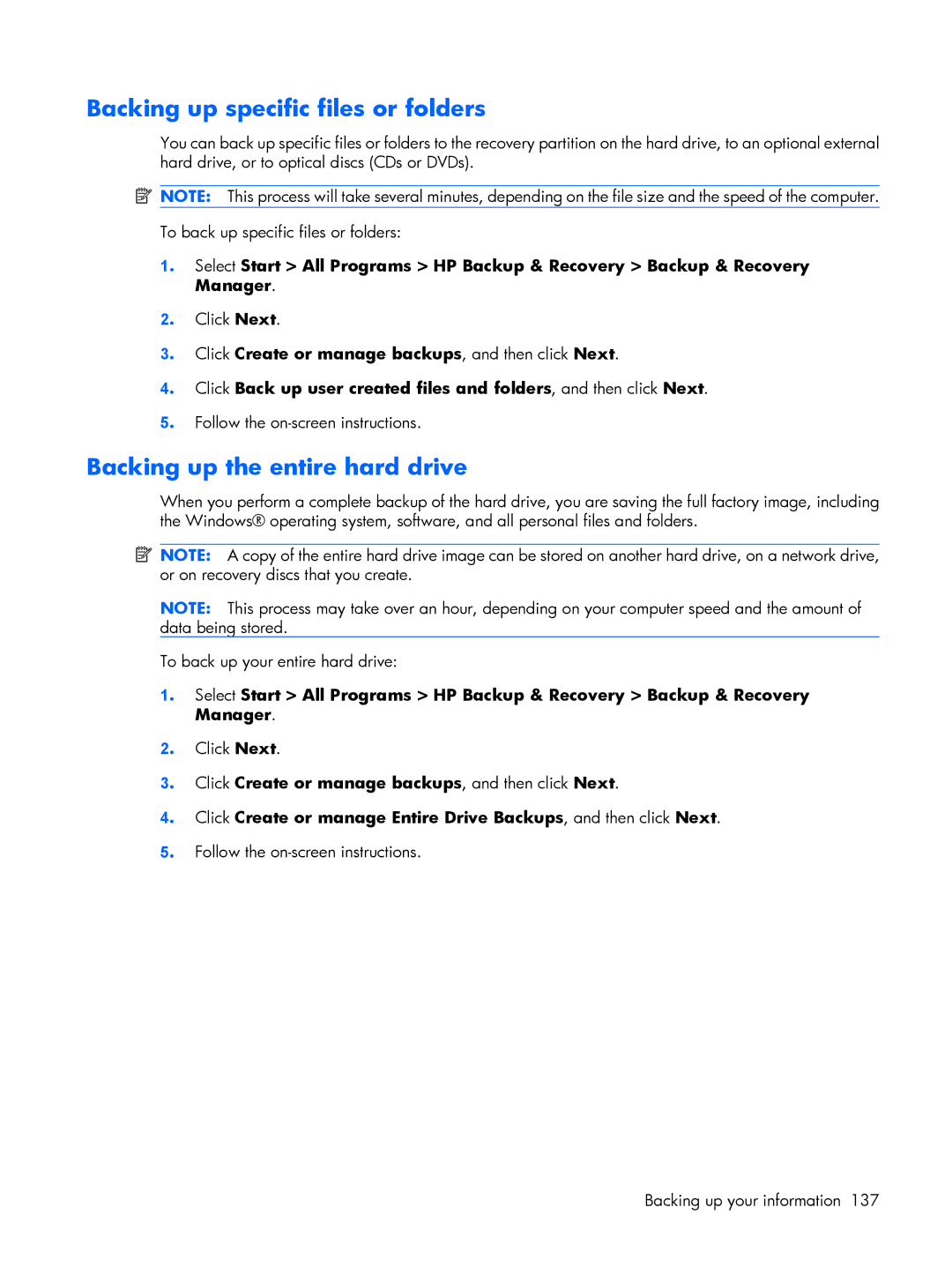 HP 8510p manual Backing up specific files or folders, Backing up the entire hard drive 