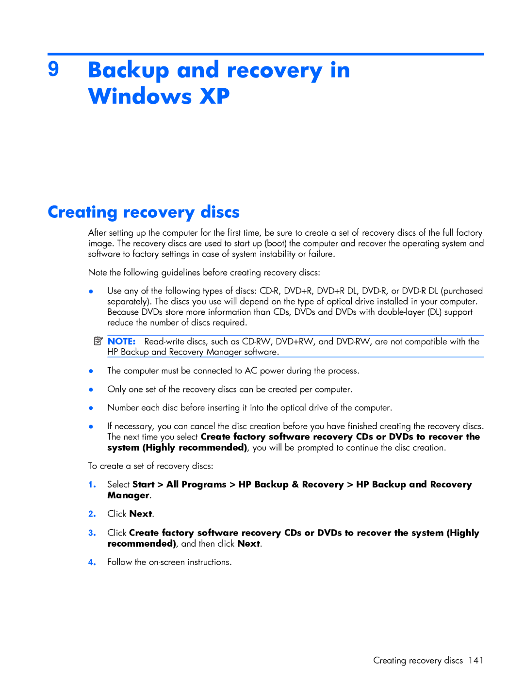 HP 8510p manual Backup and recovery in Windows XP, Creating recovery discs 