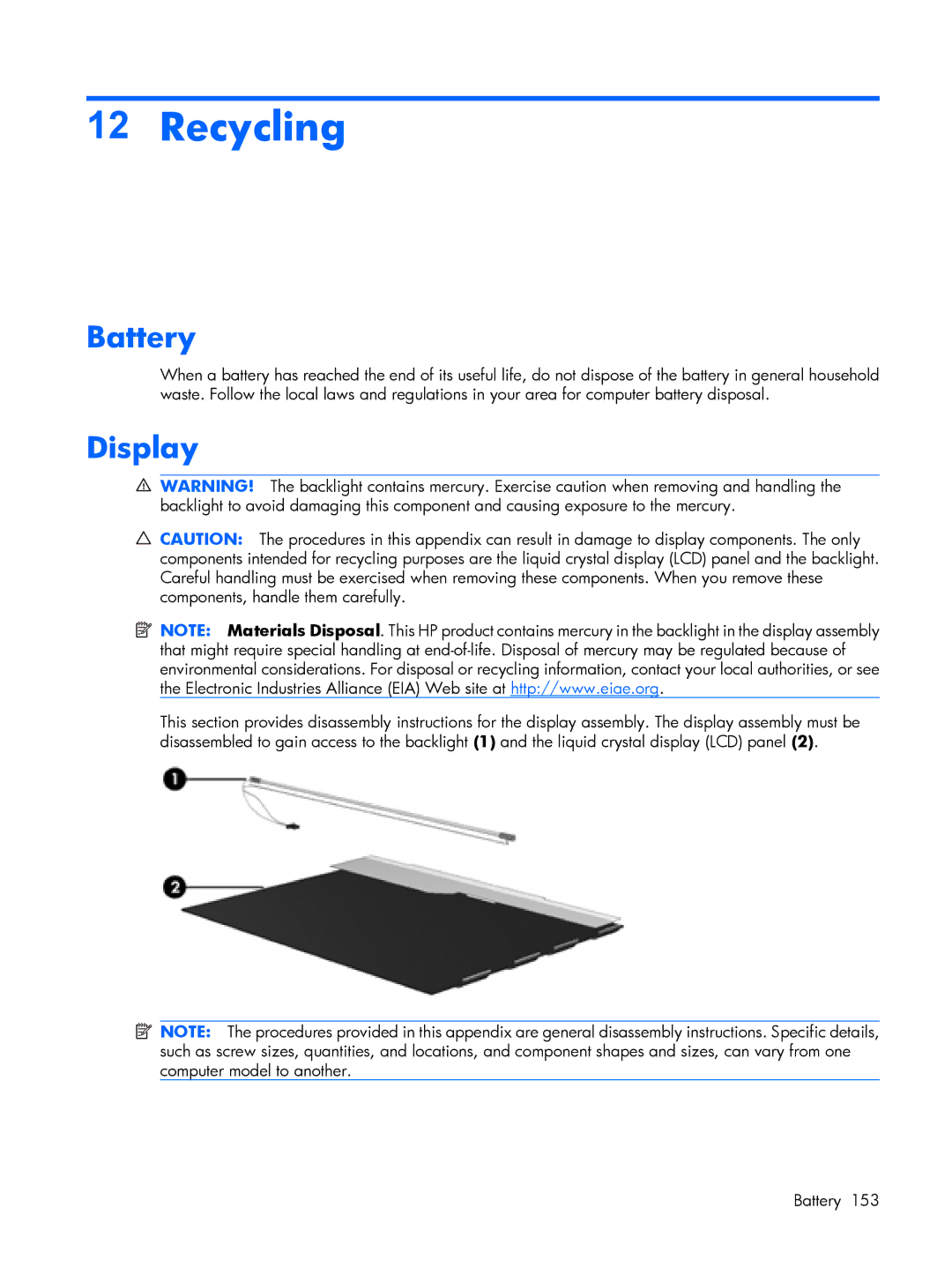 HP 8510p manual Recycling, Battery, Display 