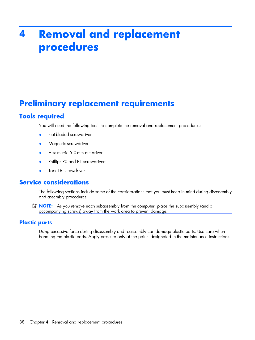 HP 8510p Removal and replacement procedures, Preliminary replacement requirements, Tools required, Service considerations 