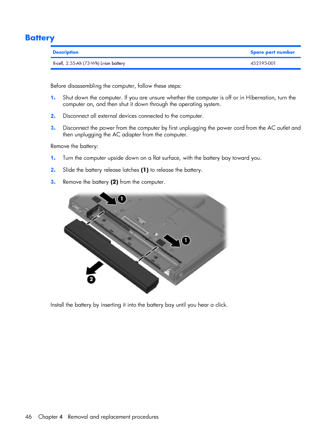 HP 8510p manual Battery, Description Spare part number 