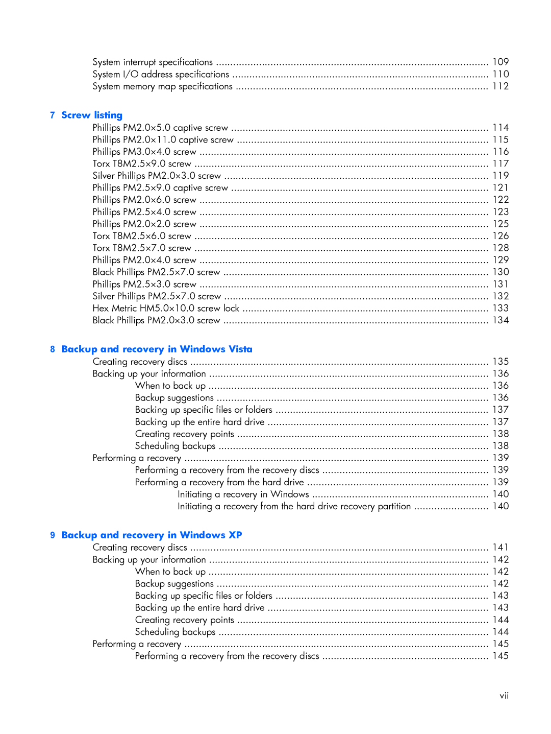 HP 8510p manual Screw listing 