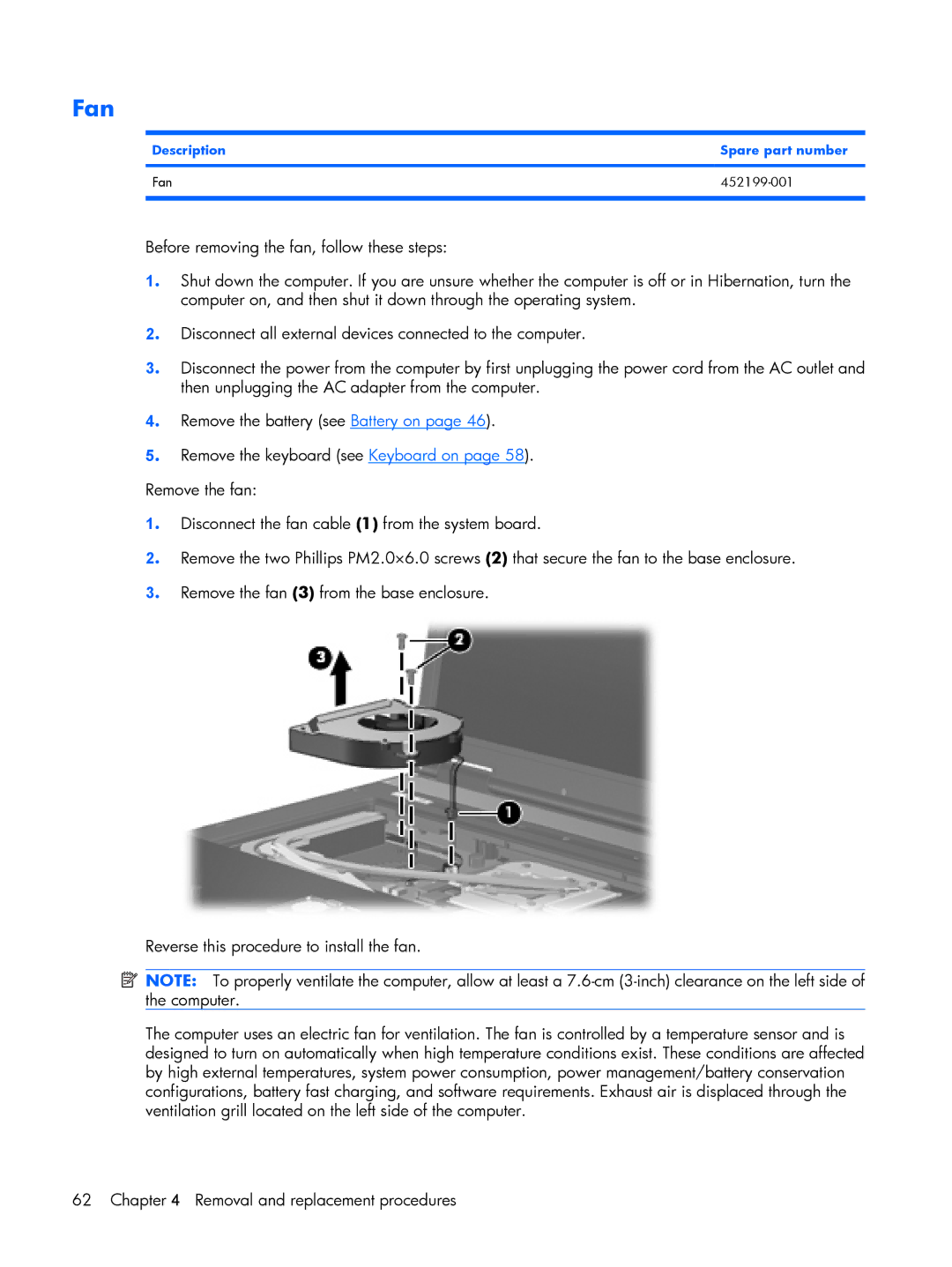 HP 8510p manual Description Spare part number Fan 452199-001 
