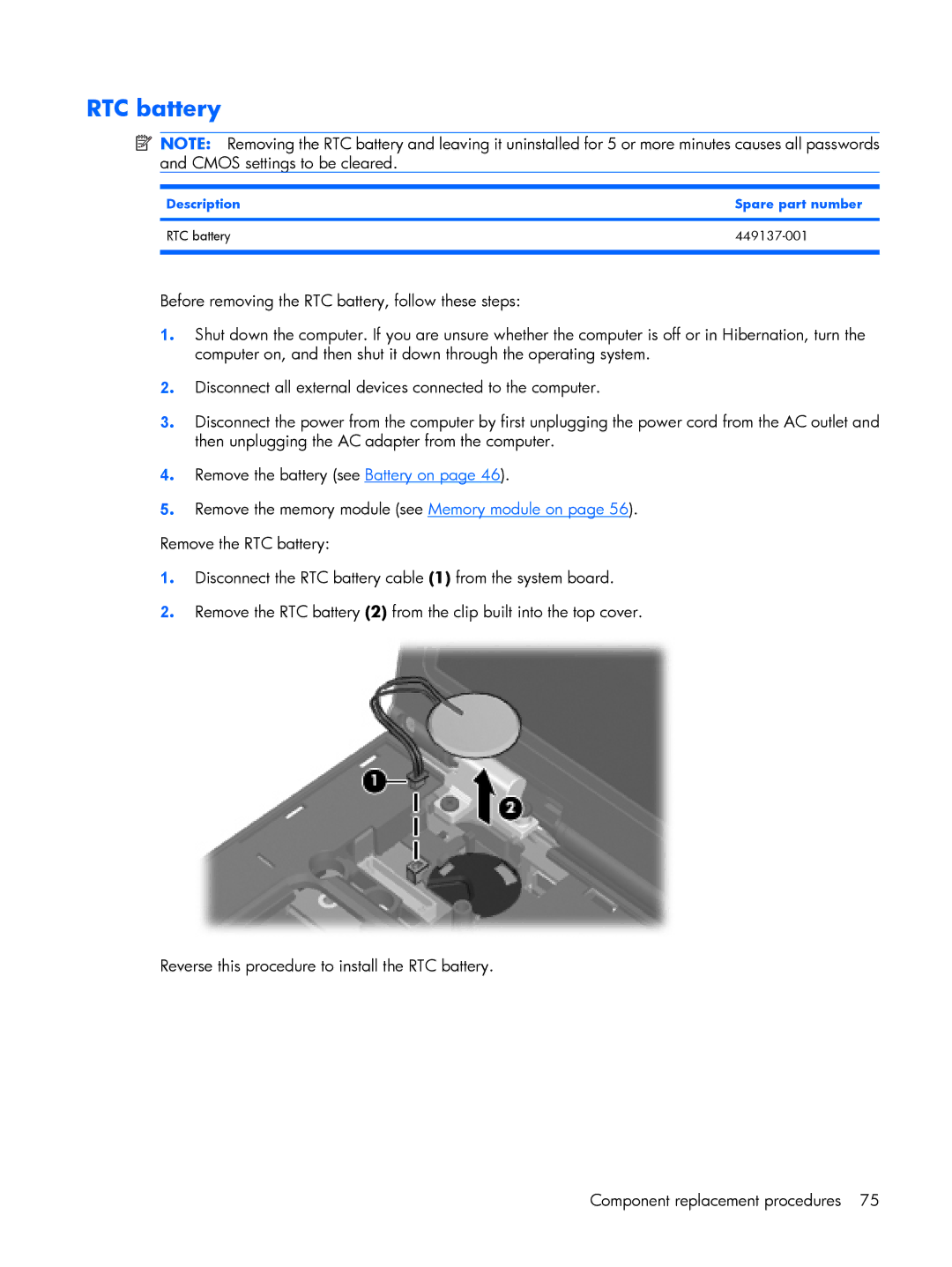 HP 8510p manual Description Spare part number RTC battery 449137-001 