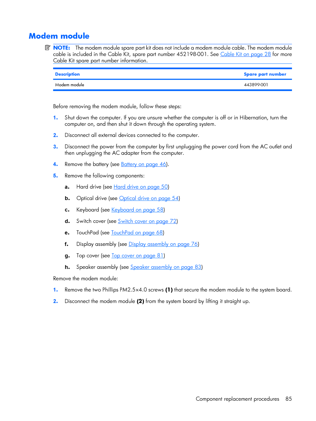 HP 8510p manual Description Spare part number Modem module 443899-001 