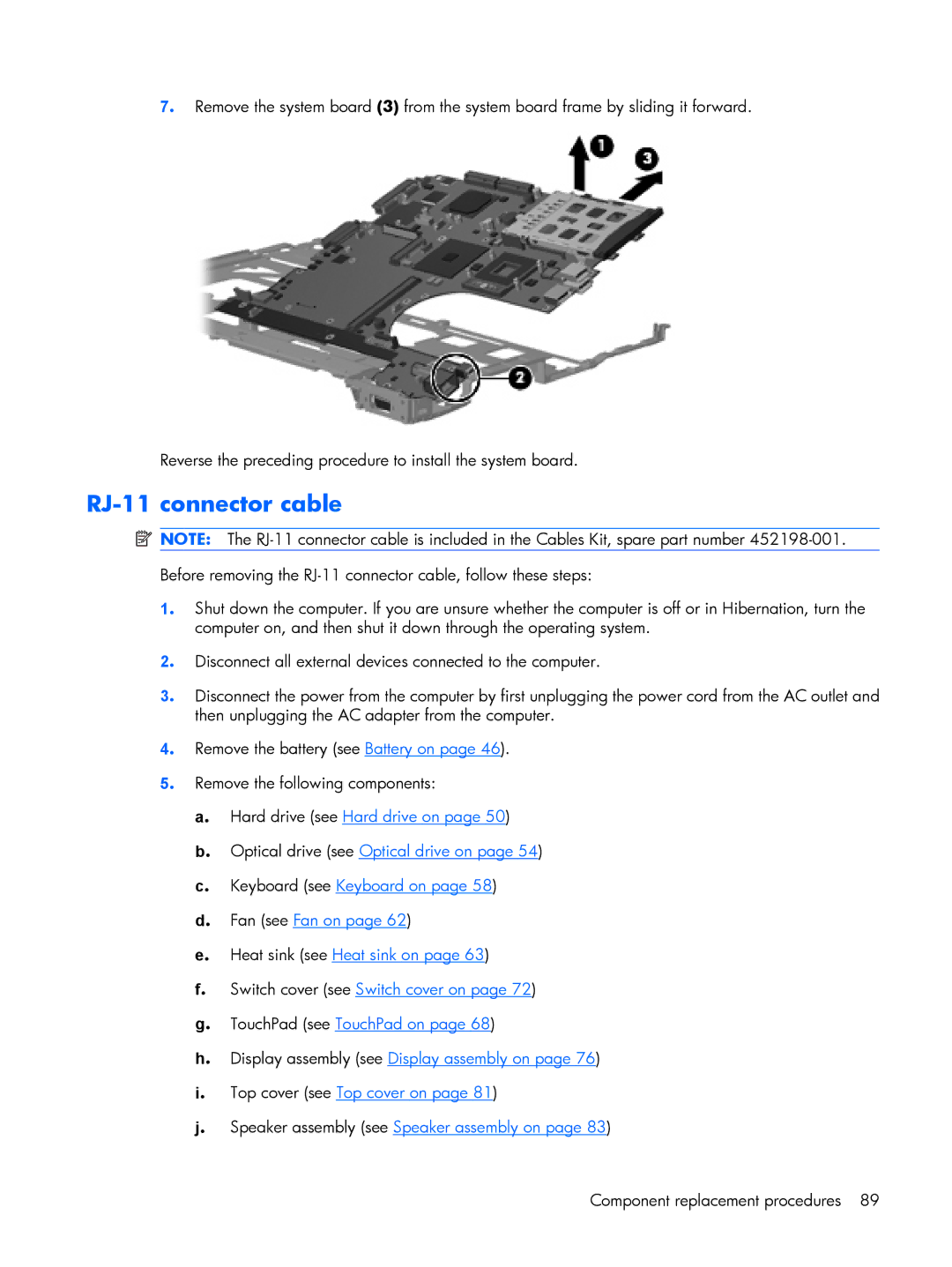 HP 8510p manual RJ-11 connector cable 