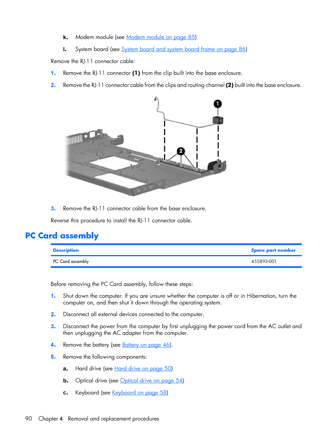 HP 8510p manual Description Spare part number PC Card assembly 455893-001 
