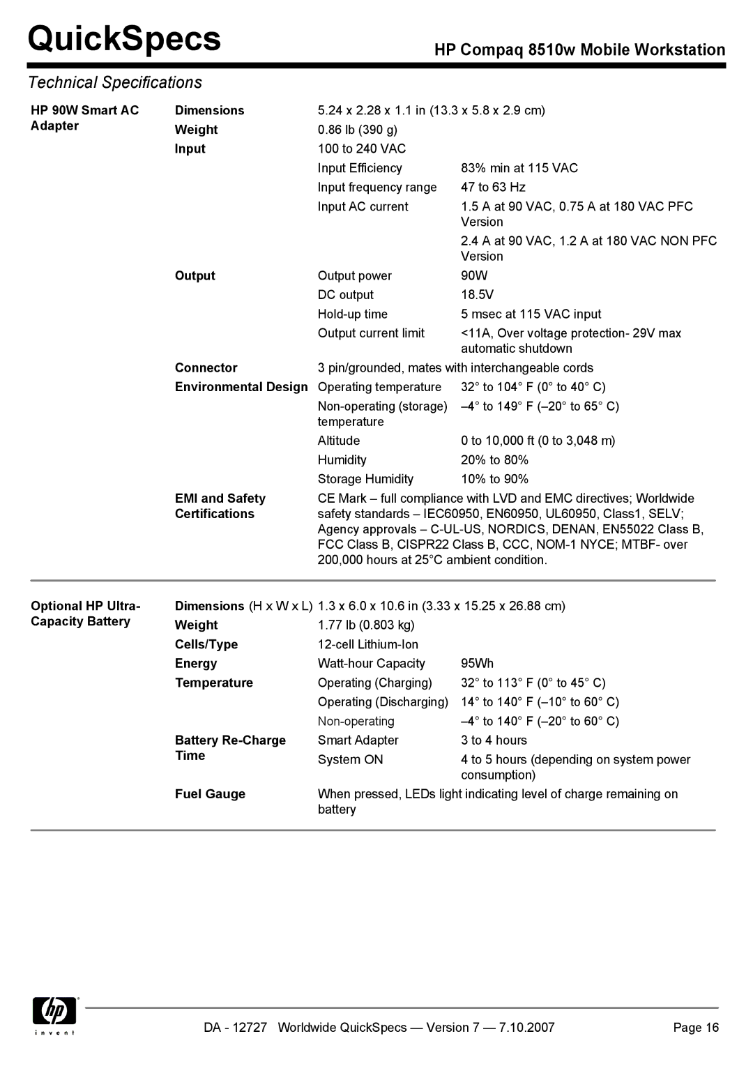 HP 8510w HP 90W Smart AC Dimensions, Adapter Weight, Input, Output, Connector, Environmental Design, EMI and Safety, Time 