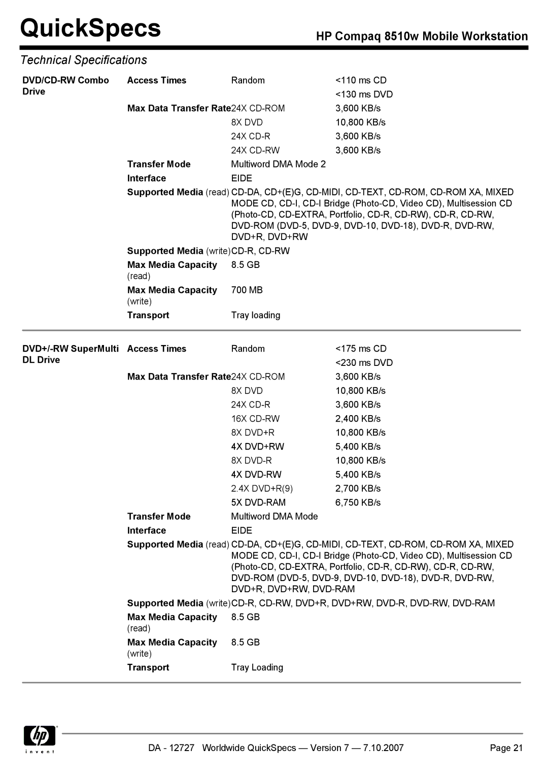 HP 8510w manual DVD/CD-RW Combo Access Times, DVD+/-RW SuperMulti Access Times, DL Drive 