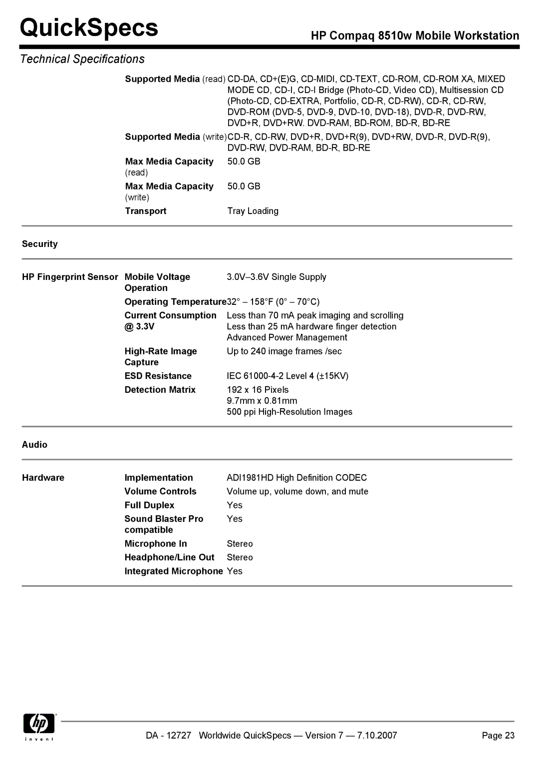 HP 8510w Security HP Fingerprint Sensor Mobile Voltage, Operation, Current Consumption, High-Rate Image, Detection Matrix 