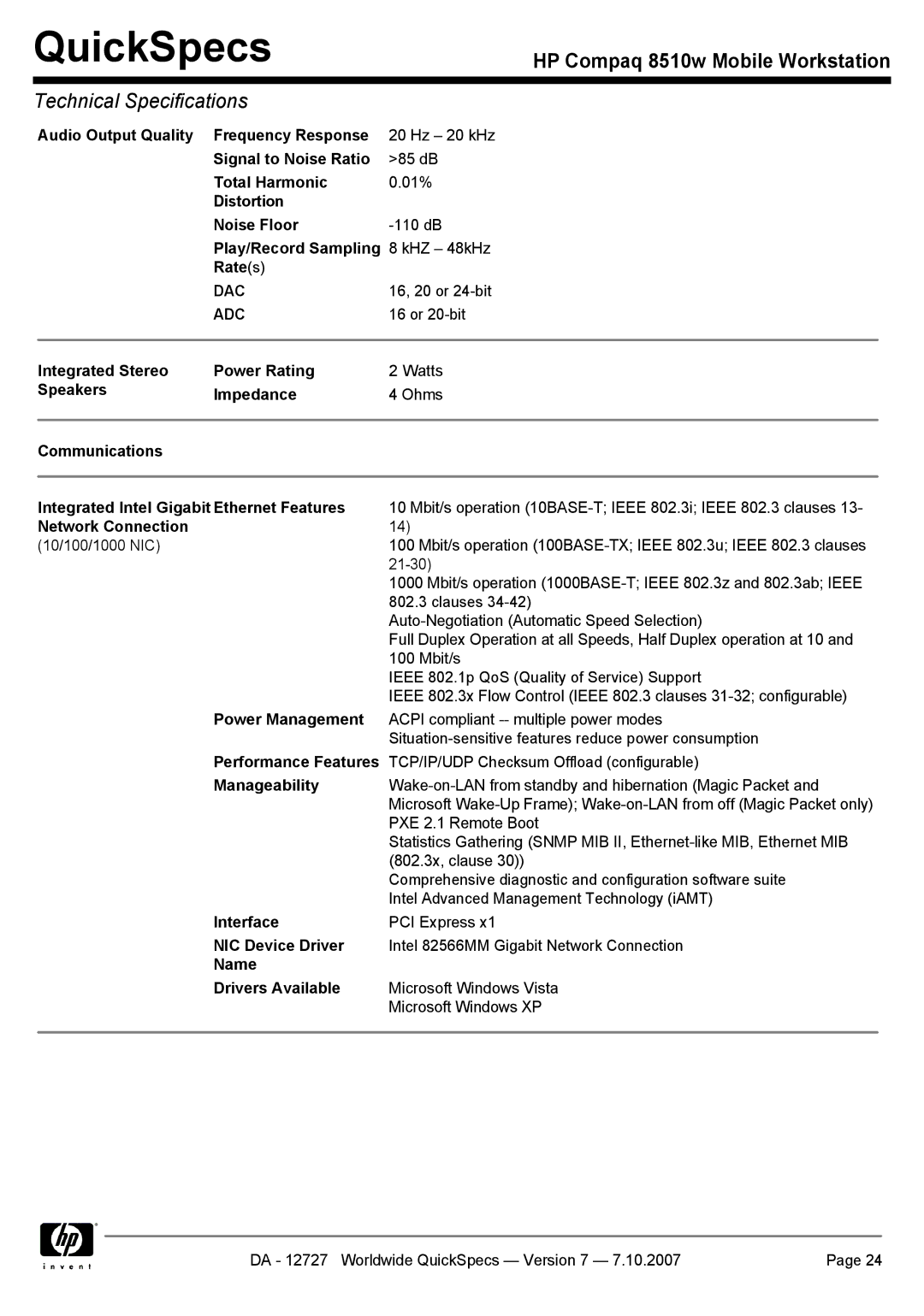 HP 8510w Audio Output Quality Frequency Response, Signal to Noise Ratio, Total Harmonic, Distortion Noise Floor, Rate s 