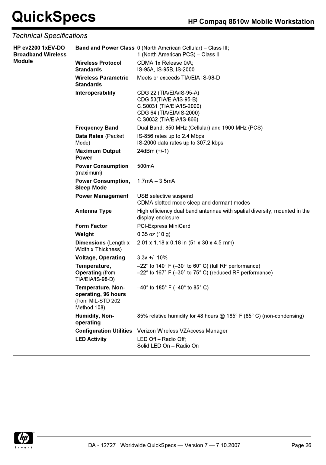 HP 8510w manual Wireless Protocol, Wireless Parametric, Standards Interoperability, Frequency Band, Data Rates Packet 