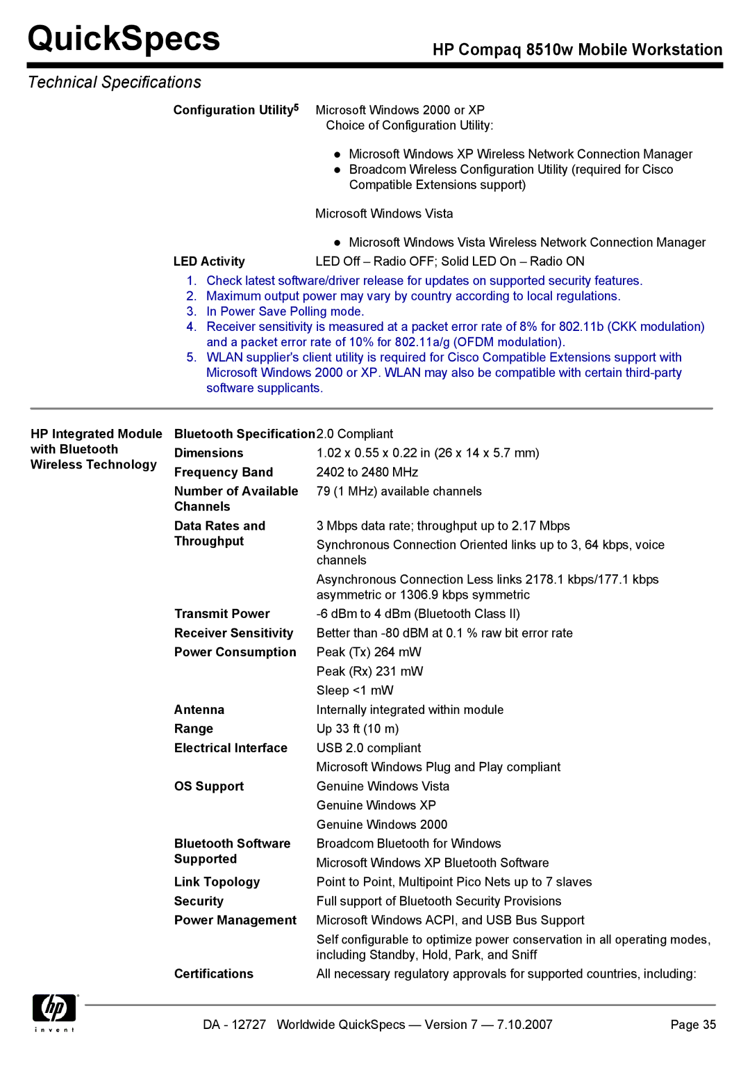 HP 8510w Wireless Technology Frequency Band, Number of Available, Channels Data Rates, Throughput, Transmit Power, Antenna 